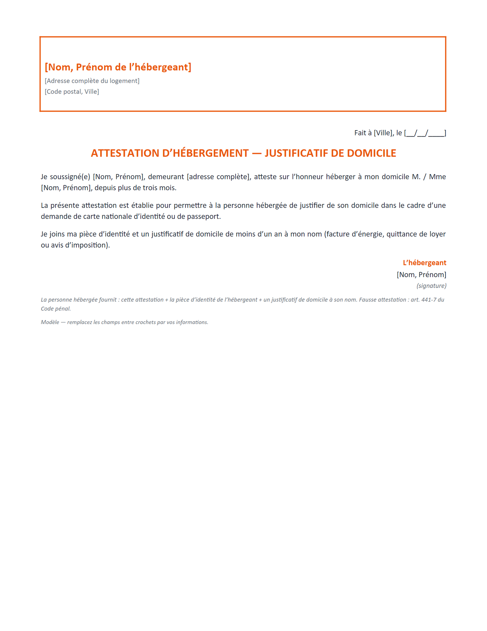 Aperçu — Attestation d’hébergement — CNI / passeport