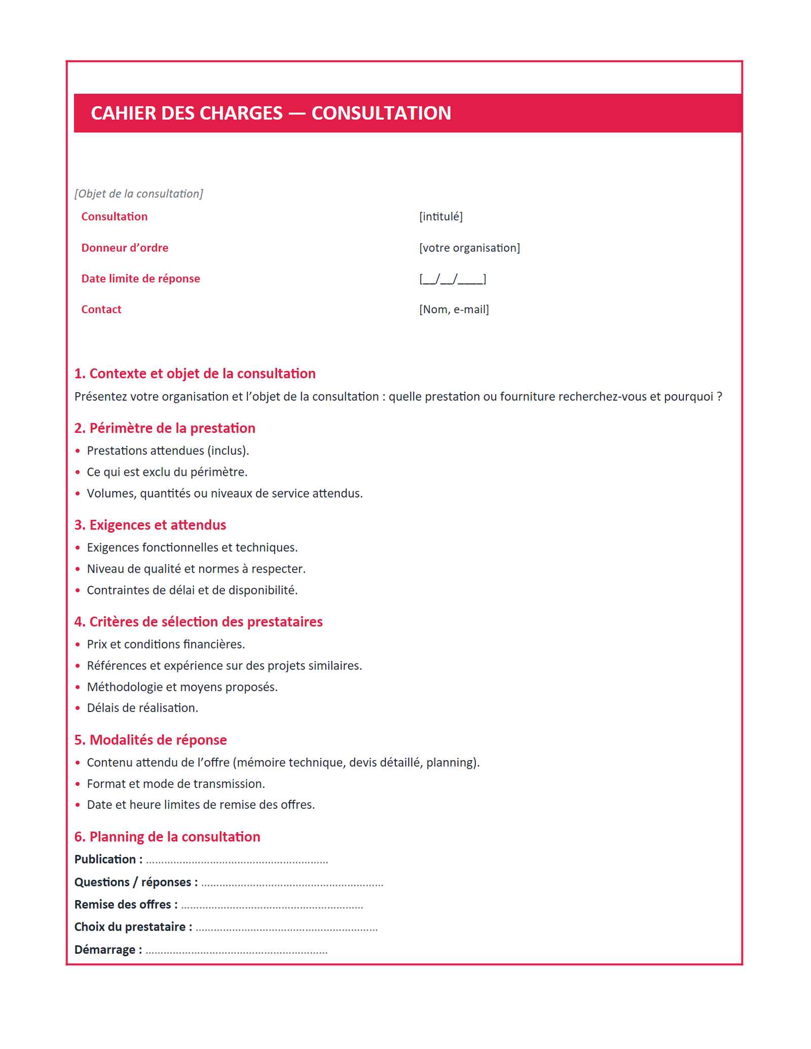 Aperçu — Cahier des charges — consultation / appel d’offres