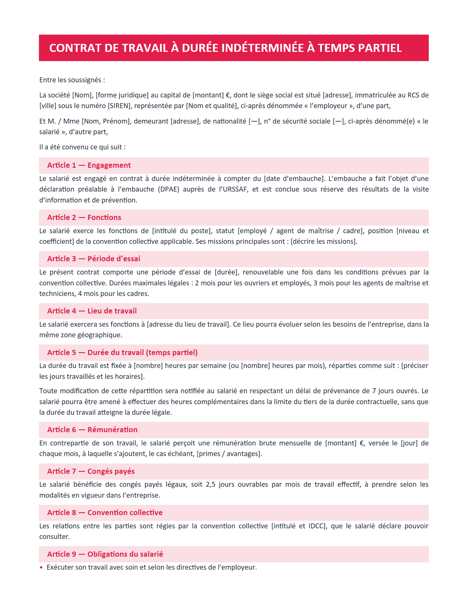 Aperçu — Contrat de travail CDI — temps partiel