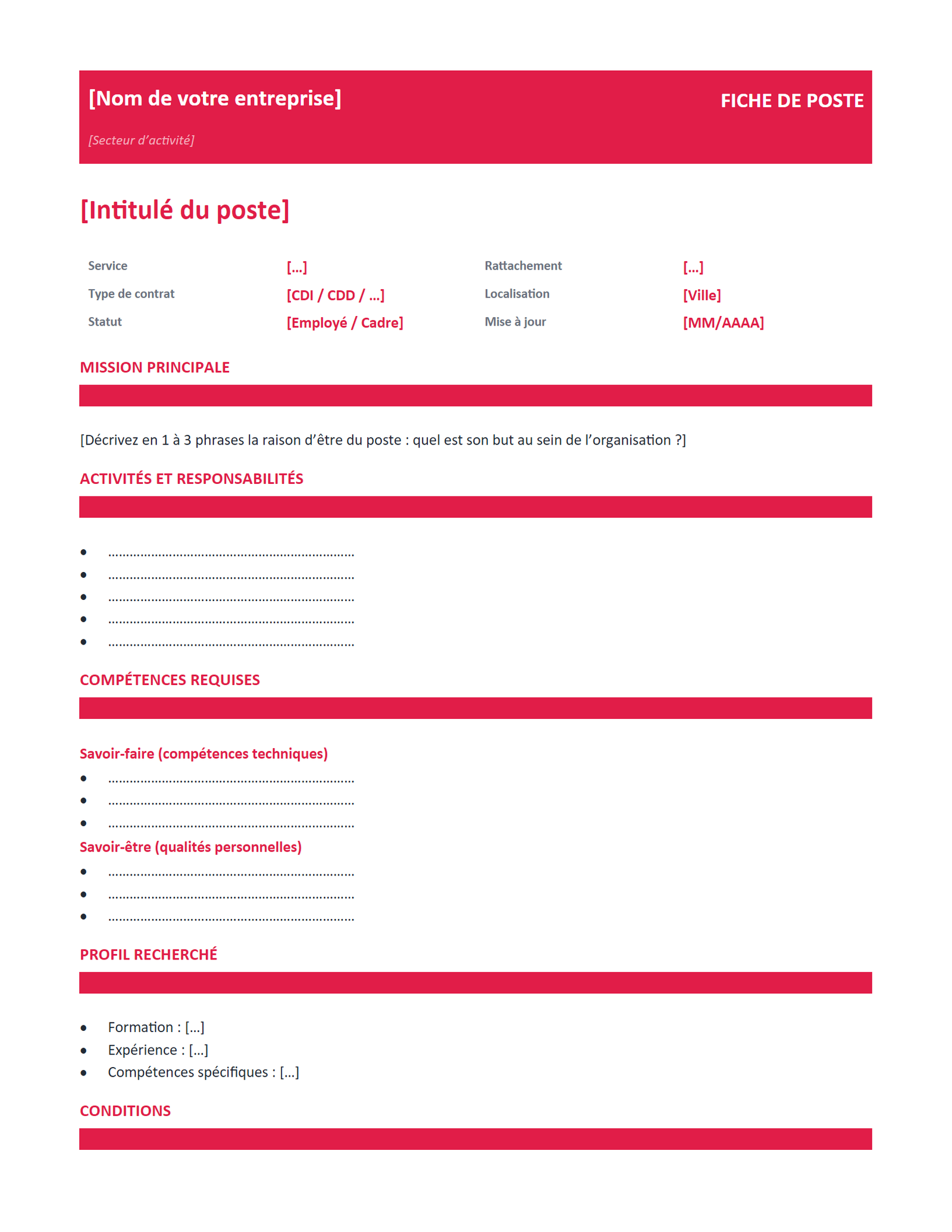 Aperçu — Fiche de poste — vierge à remplir