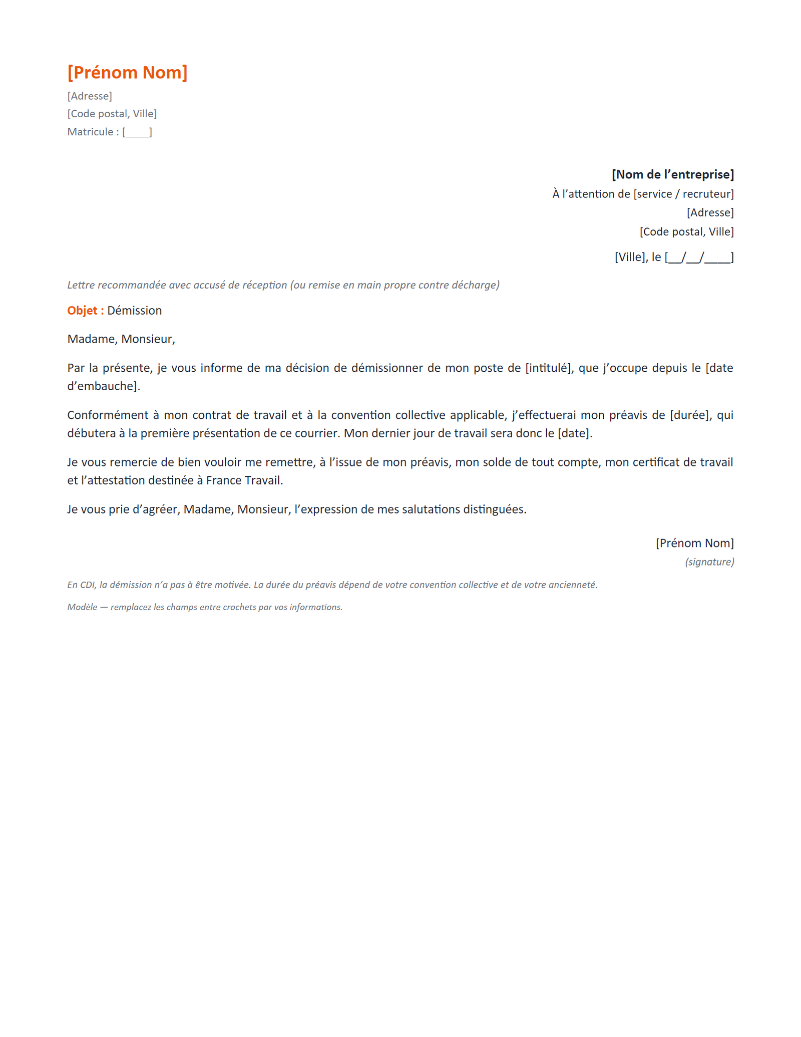 Aperçu — Lettre de démission — avec préavis