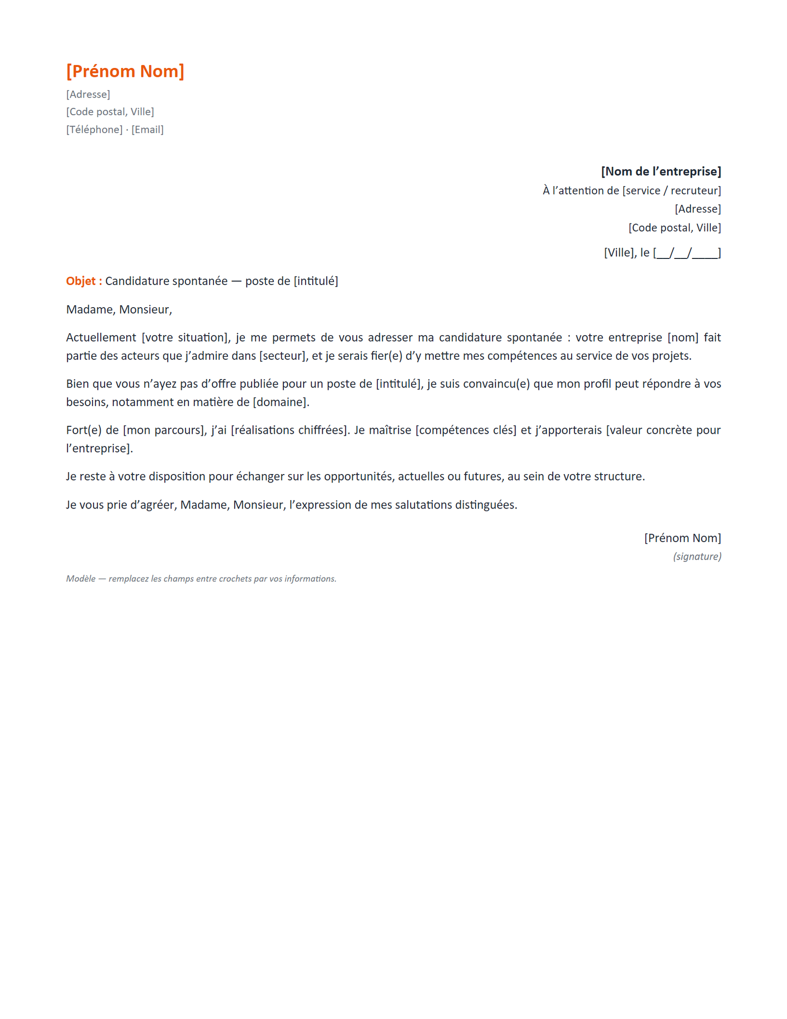 Aperçu — Lettre de motivation — candidature spontanée