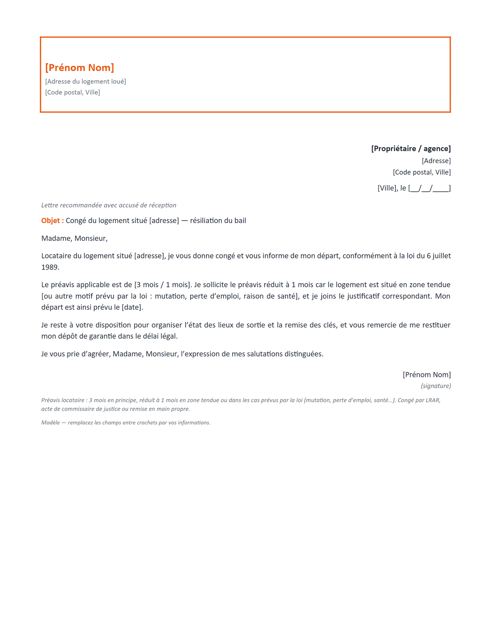 Aperçu — Résiliation de bail (congé locataire)