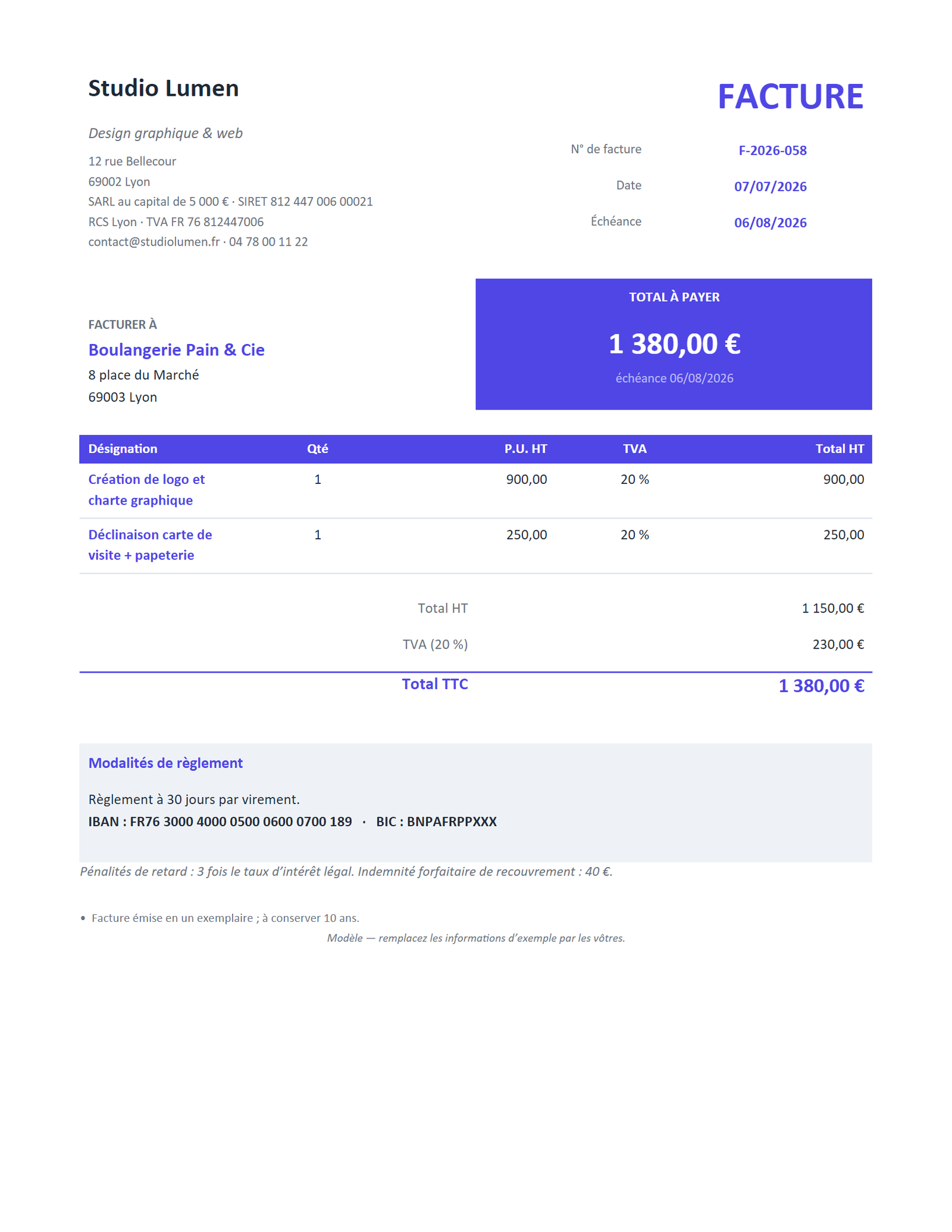 Aperçu — Facture standard (avec TVA)